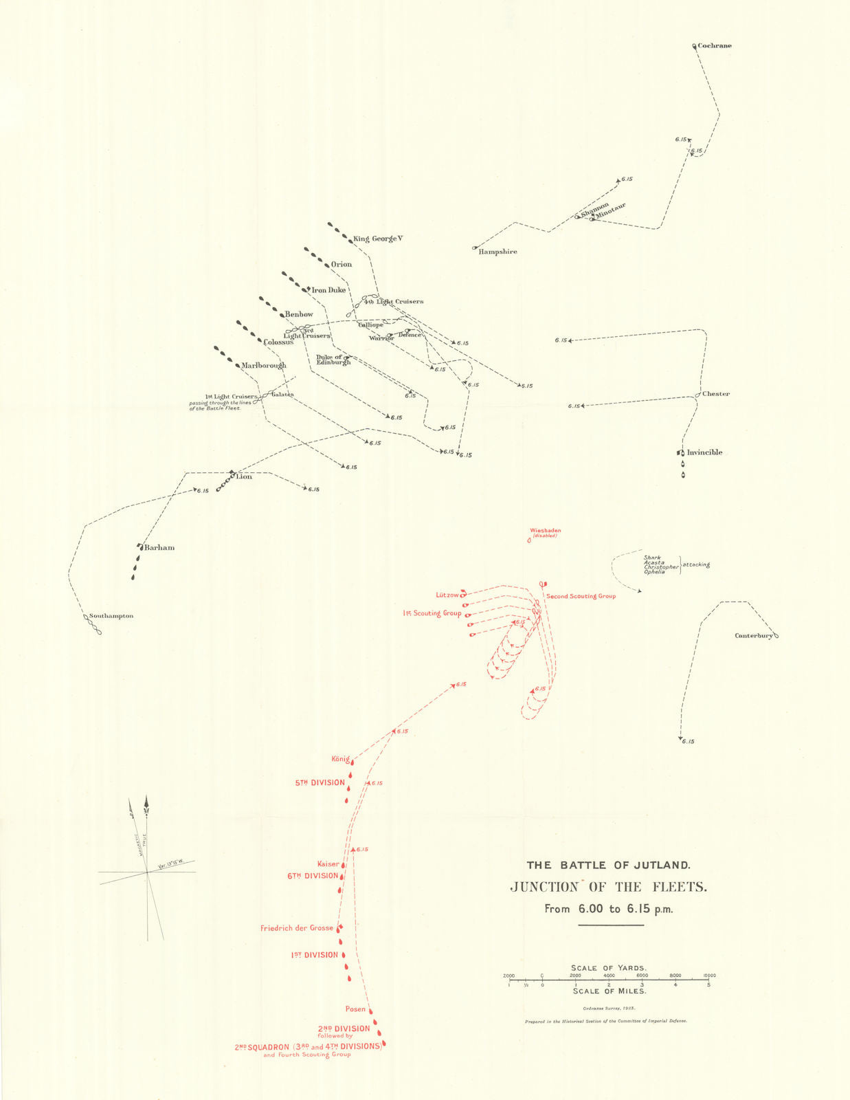 Battle of Jutland. Junction of Fleets. 6.00-6.15 pm 31 May 1916. WW1. 1923 map